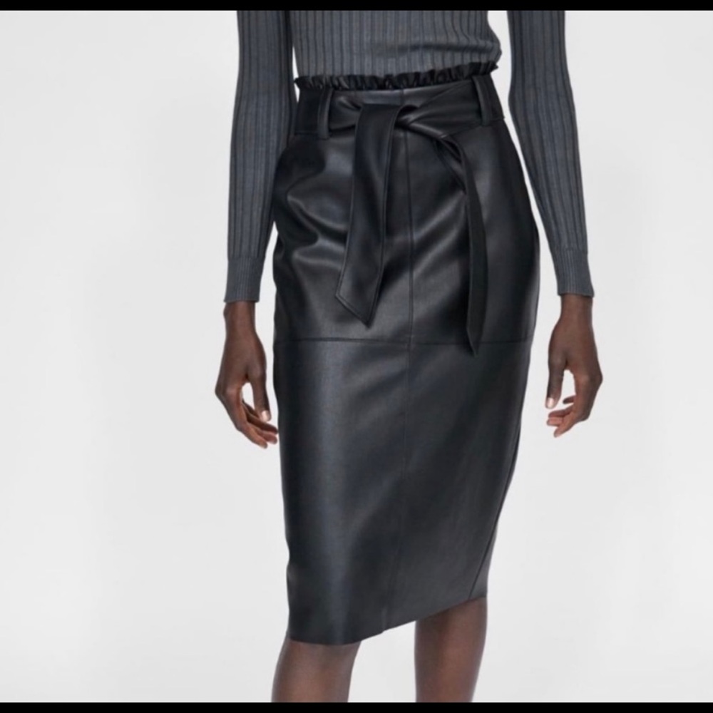 Zara leather ruffled midi paper bag skirt